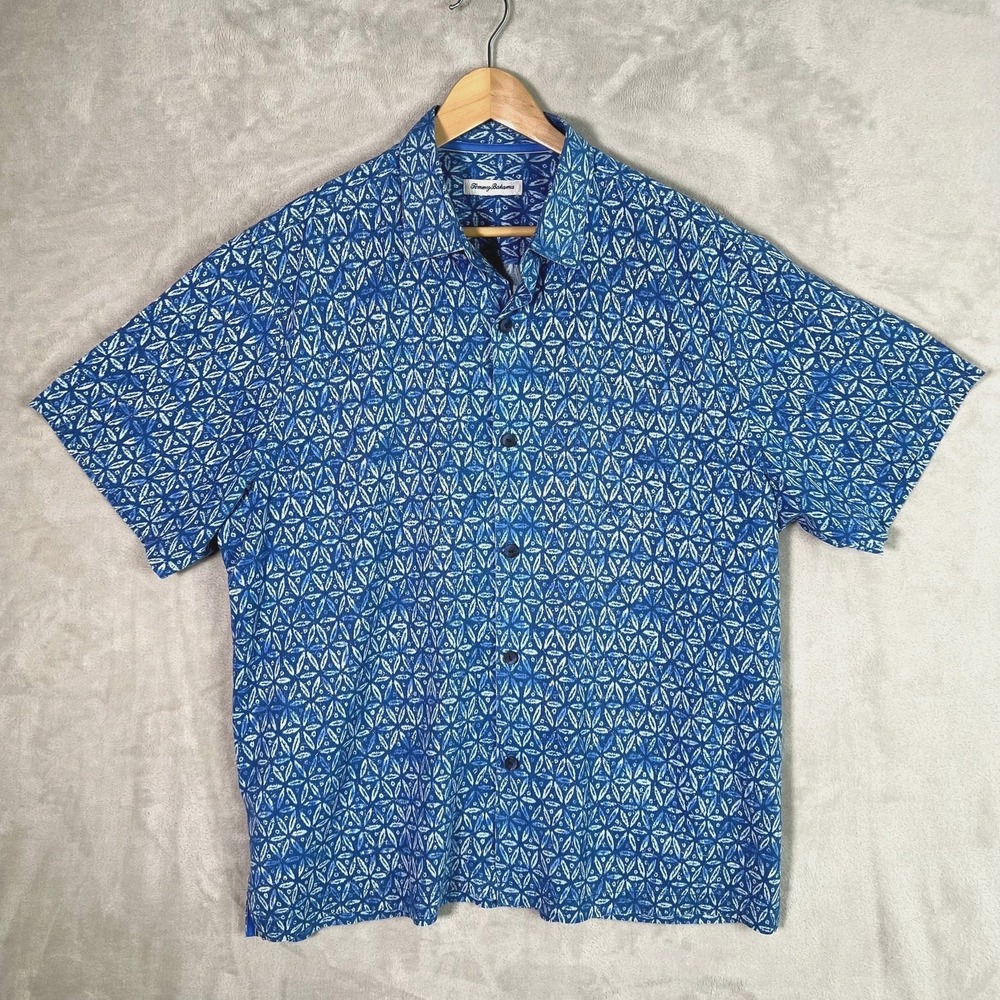 Tommy Bahama Camp Shirt Barrier Batik Blue XL Silk Coolmax Coastal Resort Travel